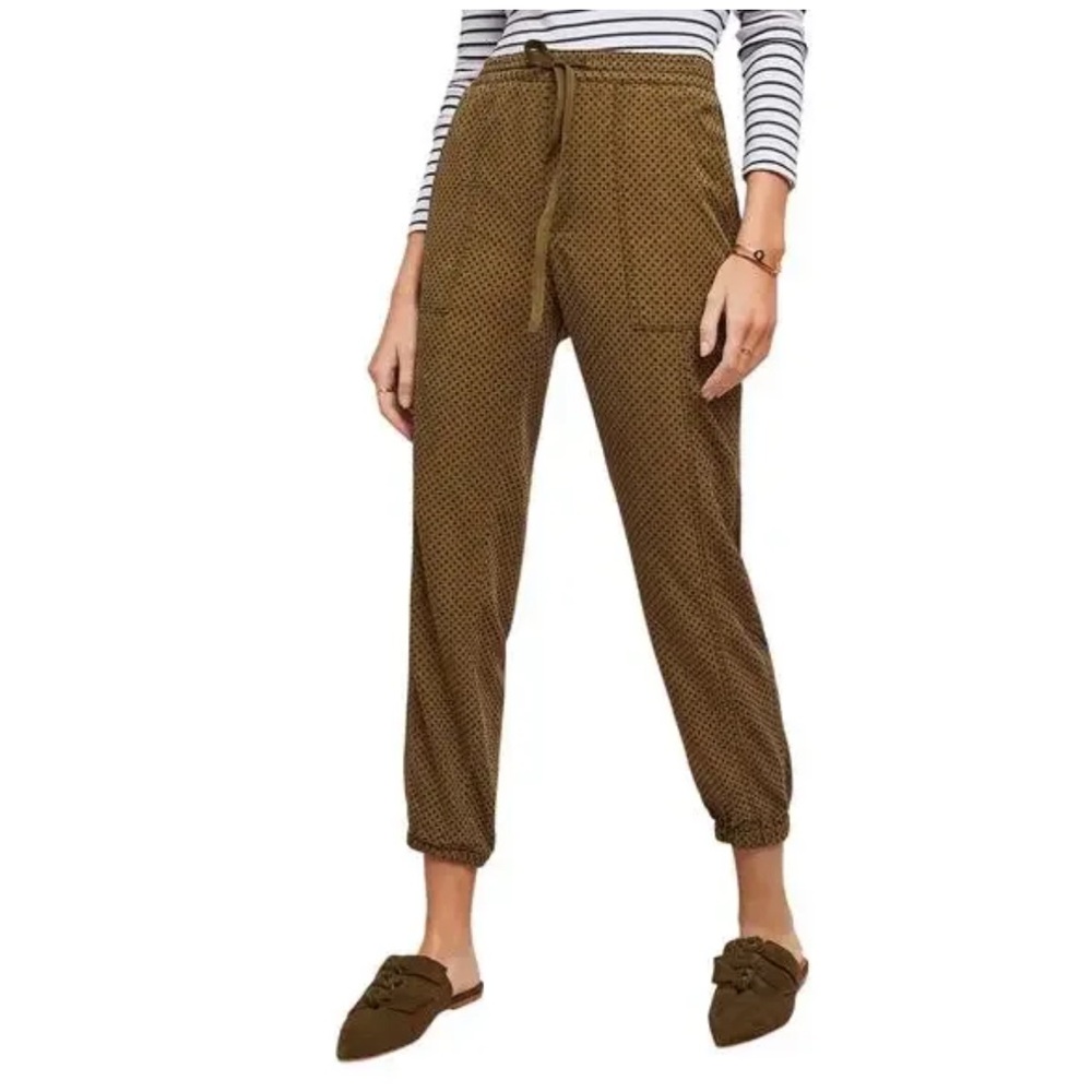 Anthropologie green polka dot flocked high waisted Joggers | A2